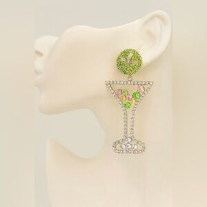 Gold Martini Glass Earrings with Pink and Green Accents
